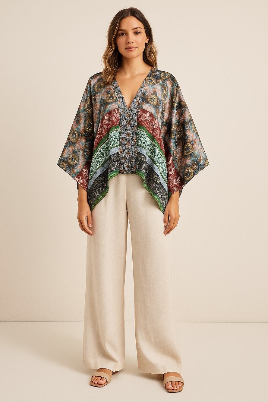 Anthropologie Kas New York Satin Colorful Flowy Blouse Vacation Resort Large M